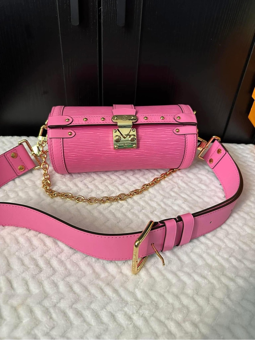 Pink Barrel Crossbody Bag with Gold Chain Strap